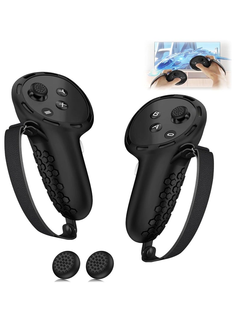 Controller Grips for Oculus Quest 3,Comfortable PU Leather Silicone Cover with Controller Hand Straps, 2Pcs Joystick Protection,Precise Hole Positions for Meta Quest 3 Accessories (Black) - Image 1